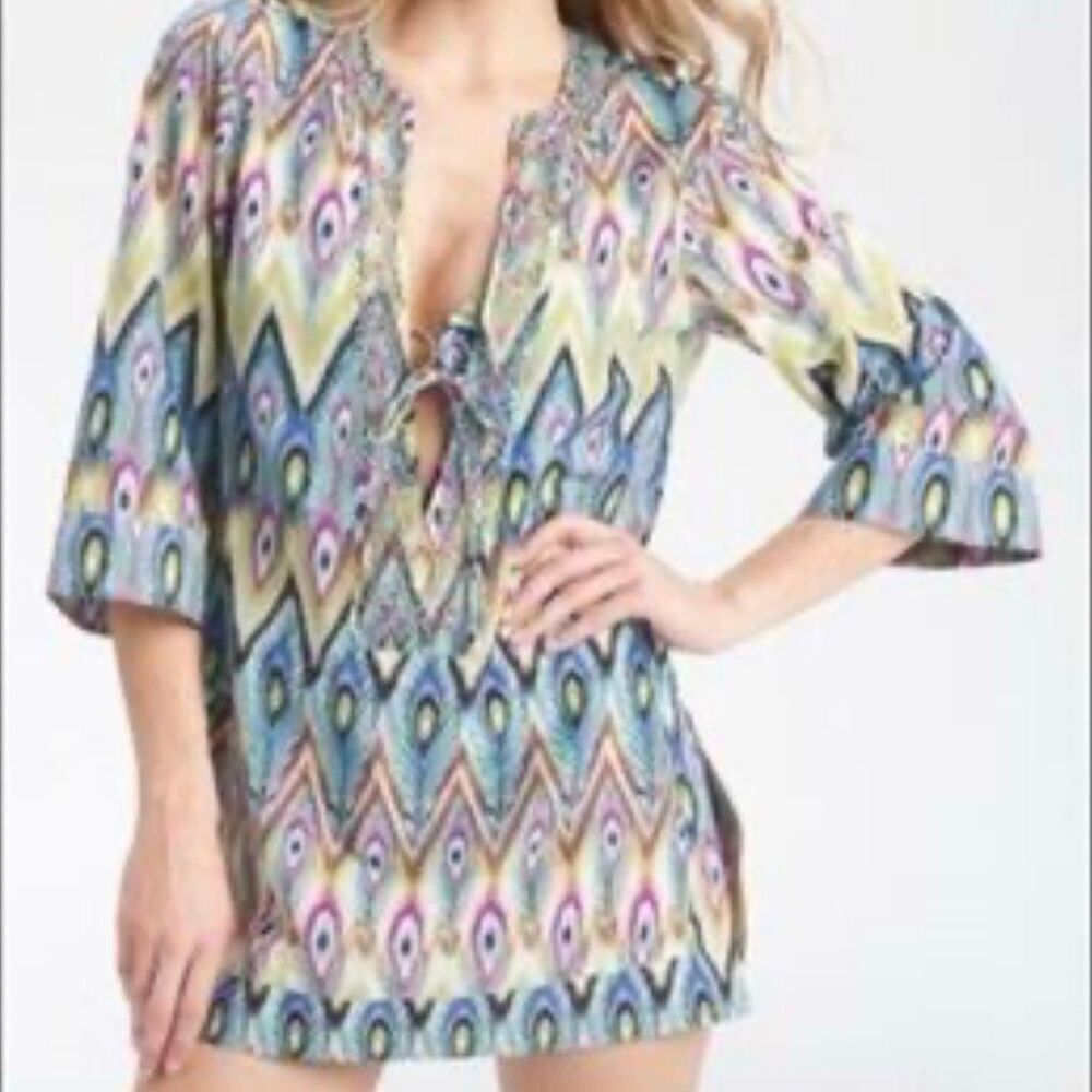 Vix by Paula Hermanny Beaded Kaftan Swim Cover Up Top Sheer Blouse, Women’s M